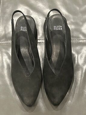 Eileen Fisher Black Suede Slingback Pointed Toe Mules